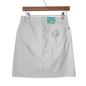 LILLY PULITZER White Denim Palm Tree Rhinestone Embellished Skirt‎ Size 0